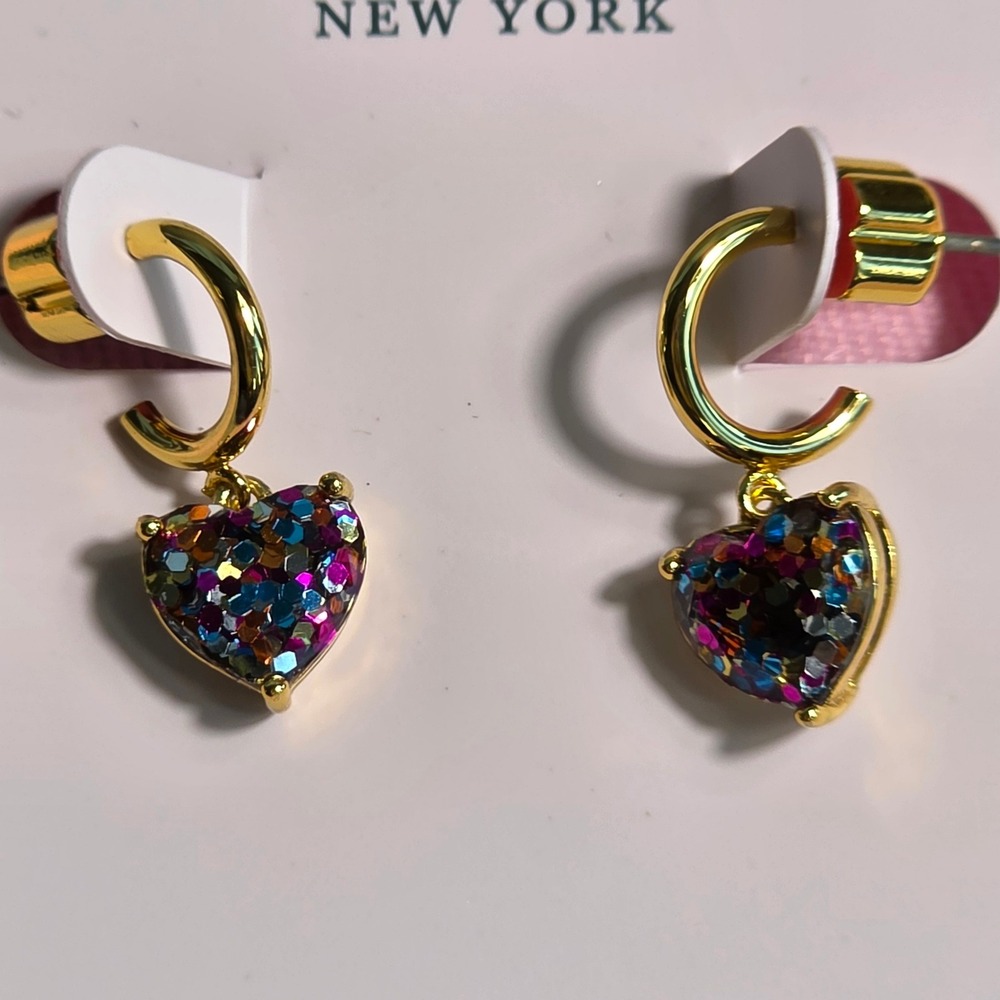 Kate Spade New York My Love Multi Glitter Heart Huggie Hoop Earrings Valentines‎ - Picture 3 of 5